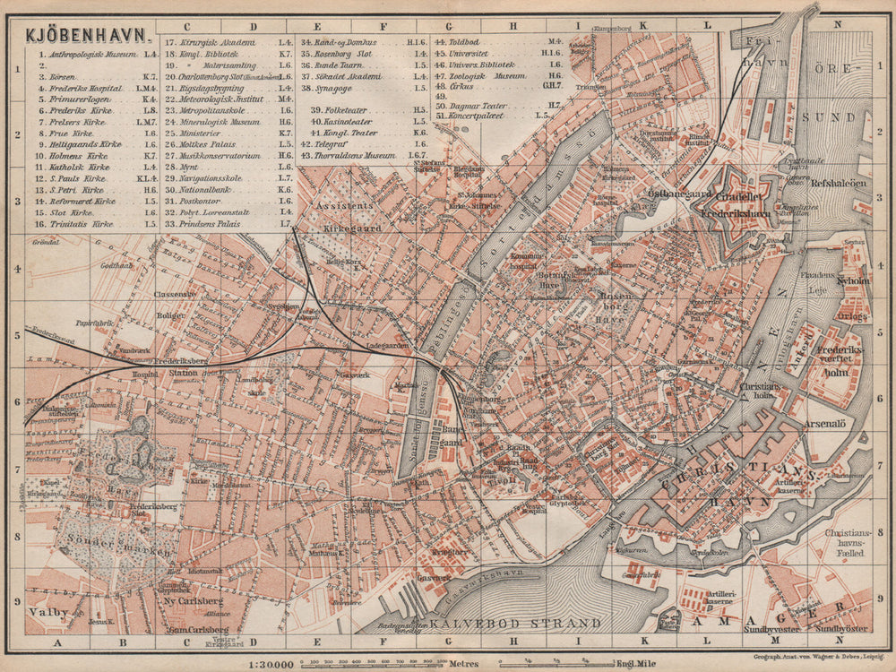 COPENHAGEN København Kobenhavn antique town city byplan. Denmark kort 1899 map