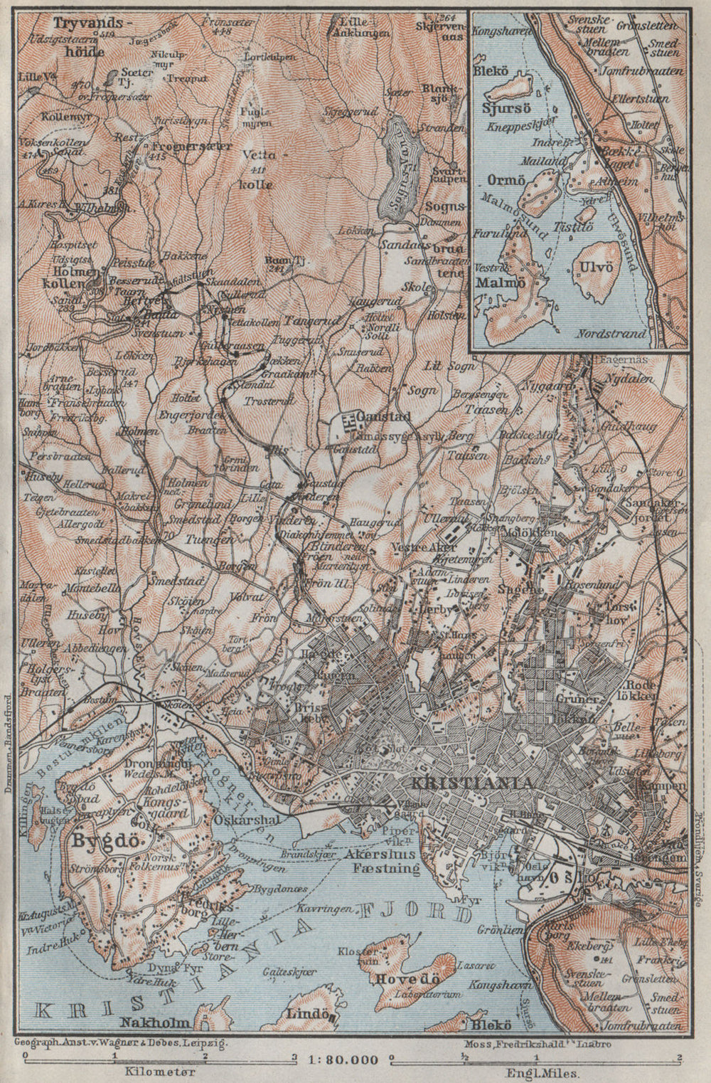 OSLO ENVIRONS. Christiania Bygdo. Norway kart. BAEDEKER 1909 old antique map