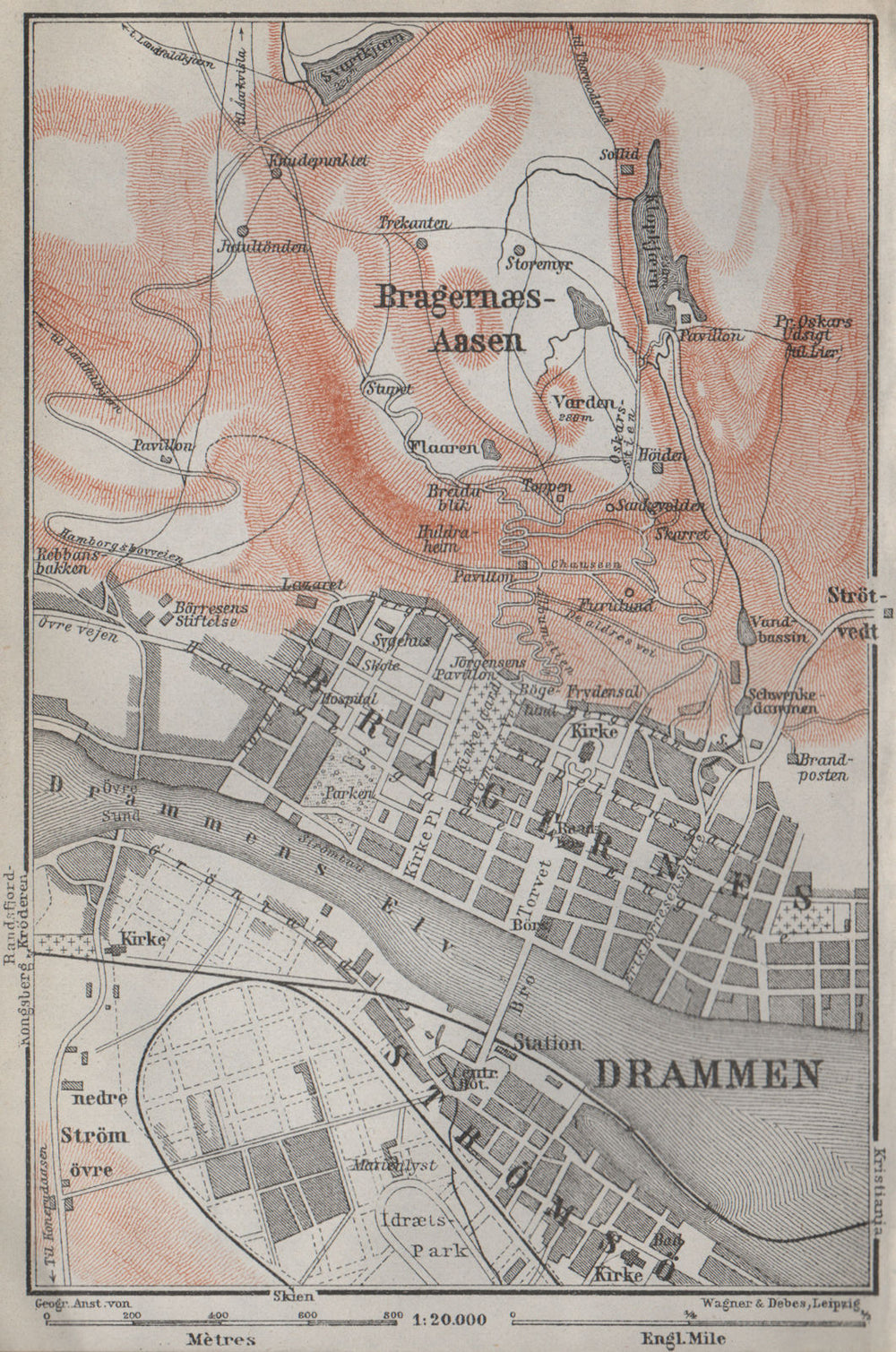DRAMMEN antique town city byplan. Norway kart. BAEDEKER 1909 old map