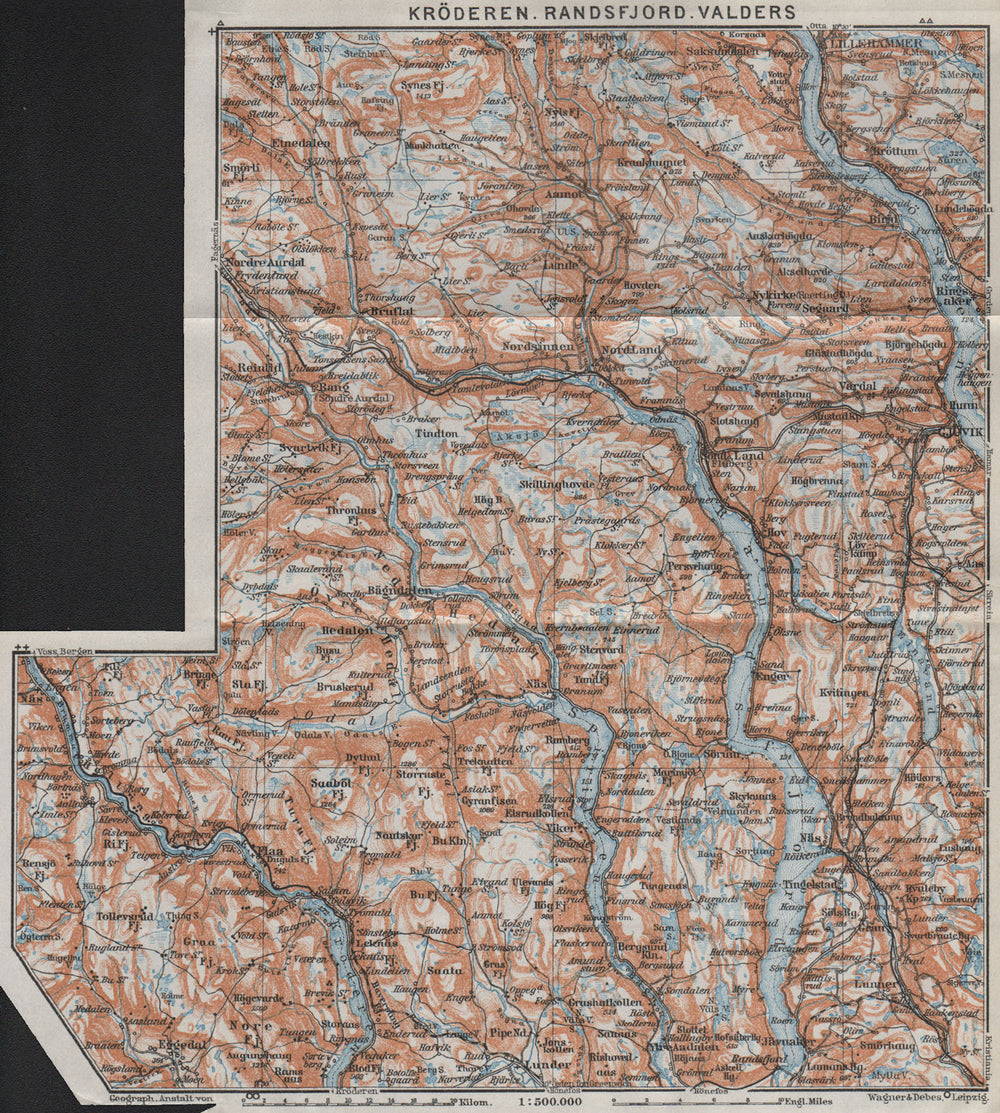 Kroderen, Randsfjord & Valdres. Dokka Gjovik Jaren. Topo-map. Norway 1909