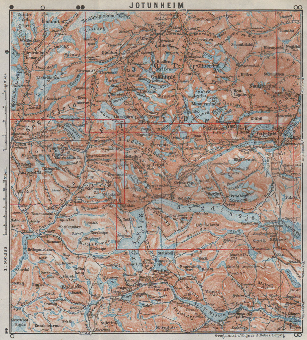 JOTUNHEIMEN Nasjonalpark topo-map. Norway kart. BAEDEKER 1909 old antique