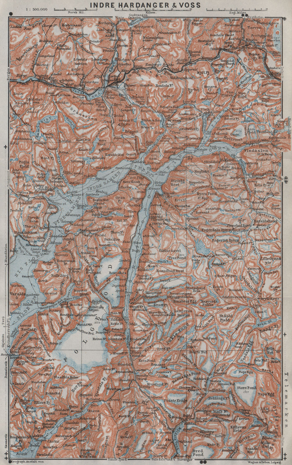 INNER HARDANGERFJORD topo-map. Folgefonna. Norway kart. BAEDEKER 1909 old