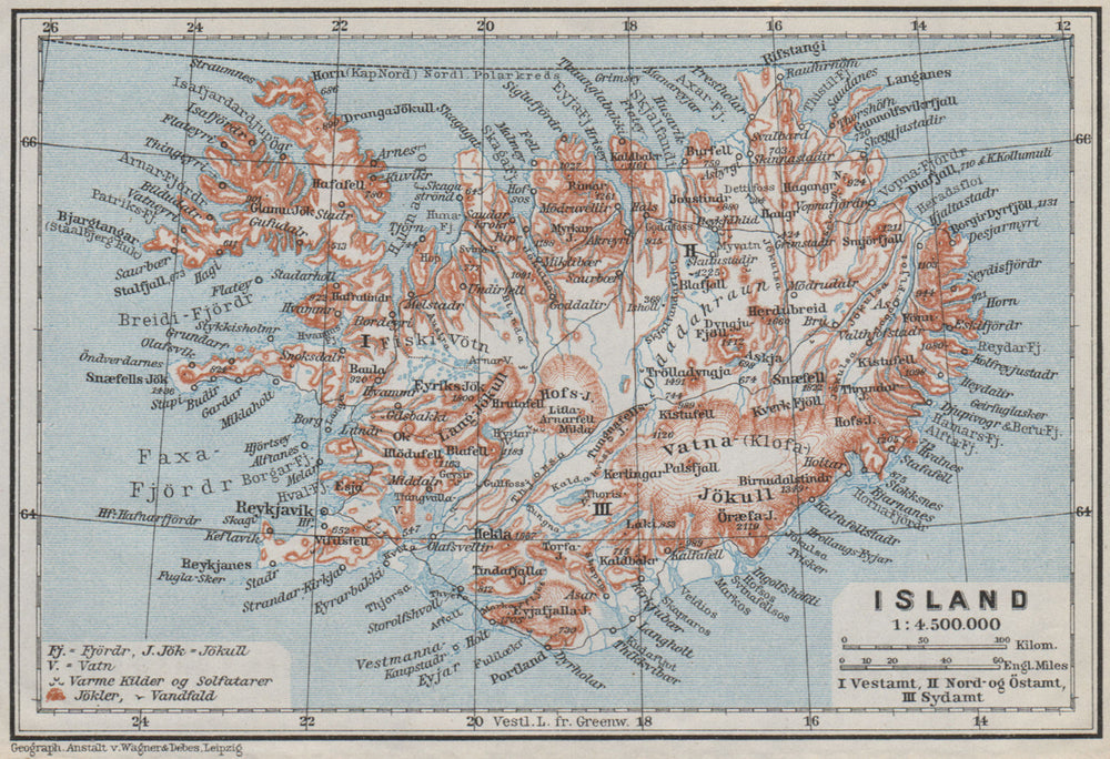 ICELAND/Island. Reykjavik. Topo-map kort. BAEDEKER 1909 old antique chart