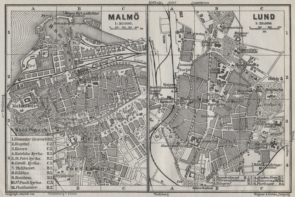 MALMO & LUND Malmö antique town city stadsplans. Sweden karta 1909 old map