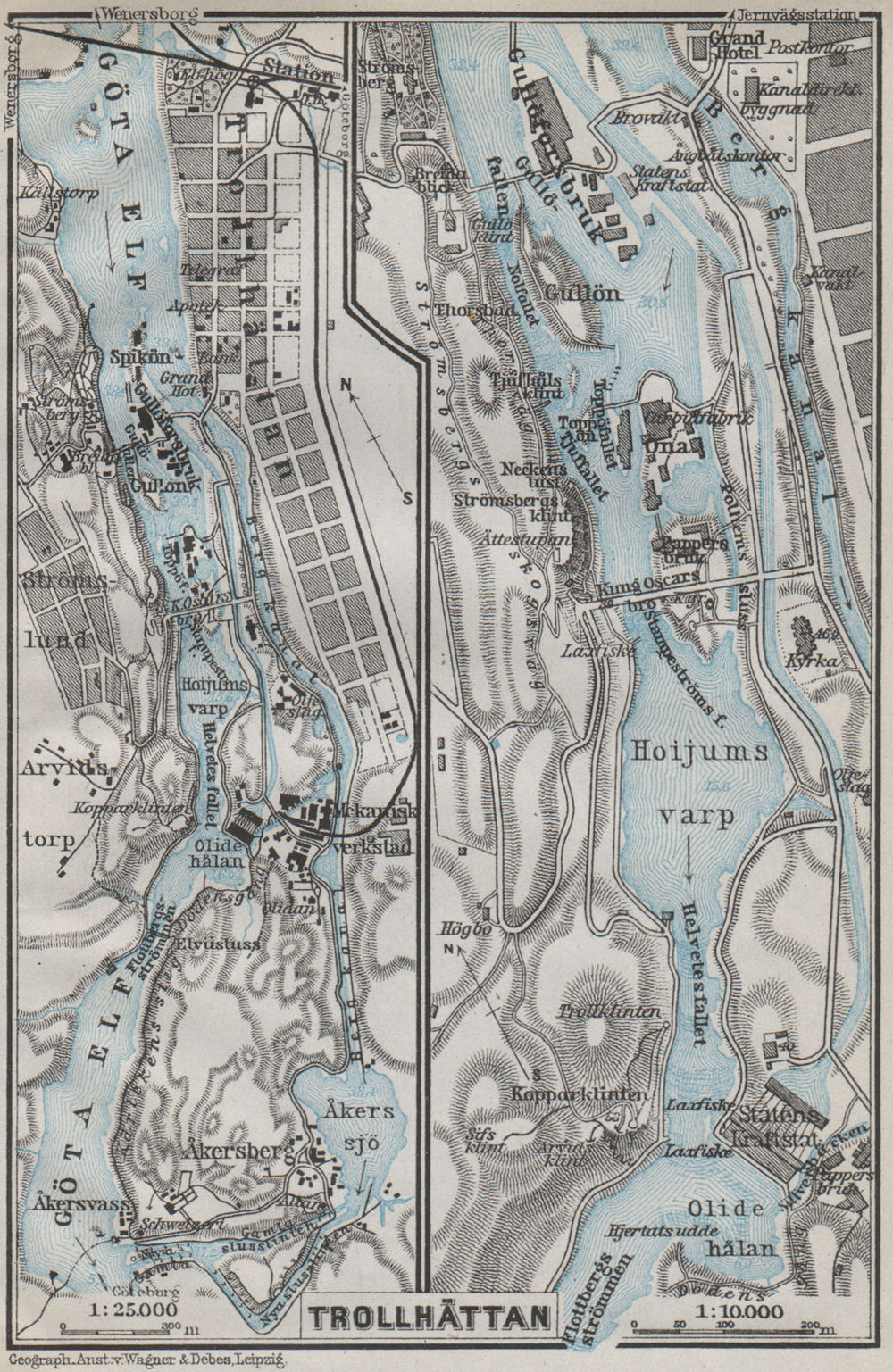 TROLLHATTAN FALLS. Trollhättan. Topo-map. Sweden karta. BAEDEKER 1909 old