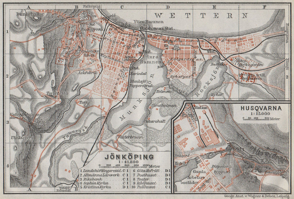 JONKOPING Jönköping town city stadsplan. Inset Huskvarna. Sweden karta 1909 map