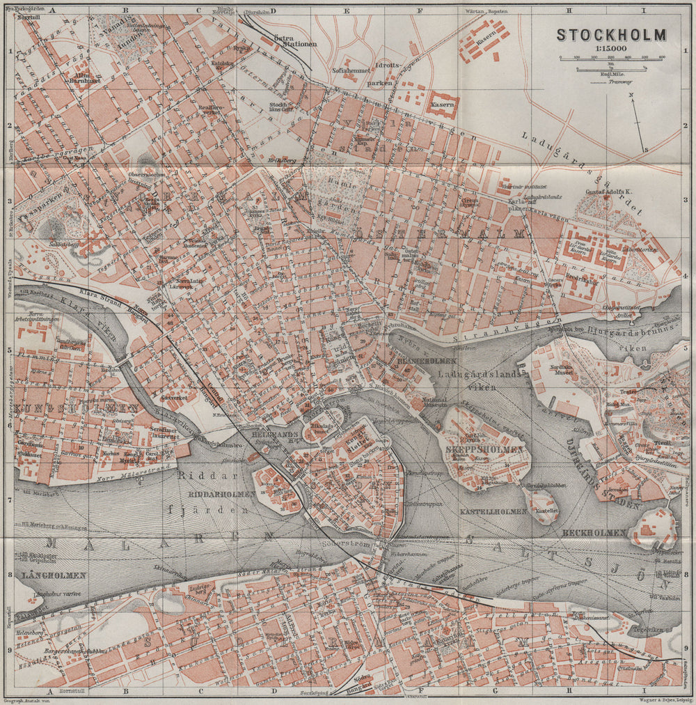 STOCKHOLM antique town city stadsplan. Sweden karta. BAEDEKER 1909 old map