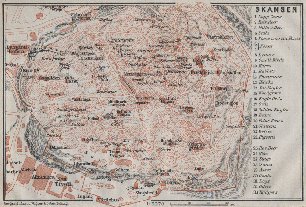 SKANSEN OPEN-AIR MUSEUM. Topo-map. Stockholm, Sweden karta. BAEDEKER 1909