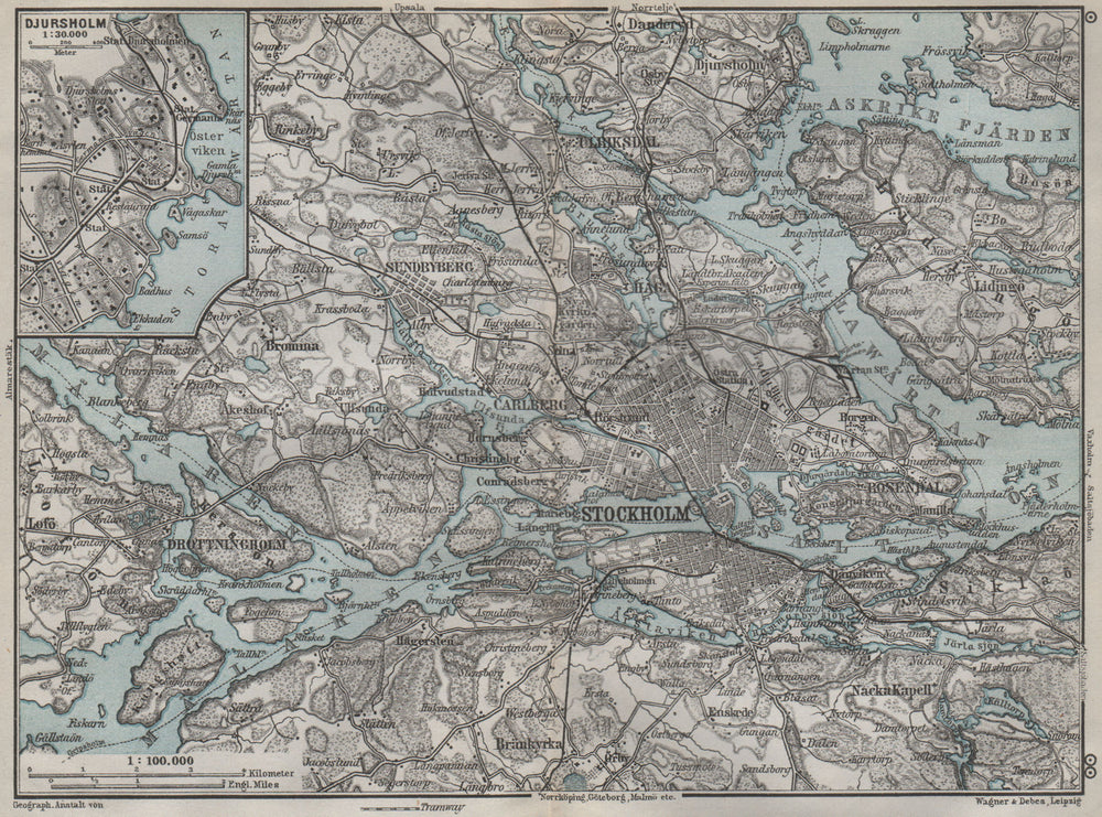STOCKHOLM ENVIRONS. Stockholms Omgifningar. Sweden karta. BAEDEKER 1909 map