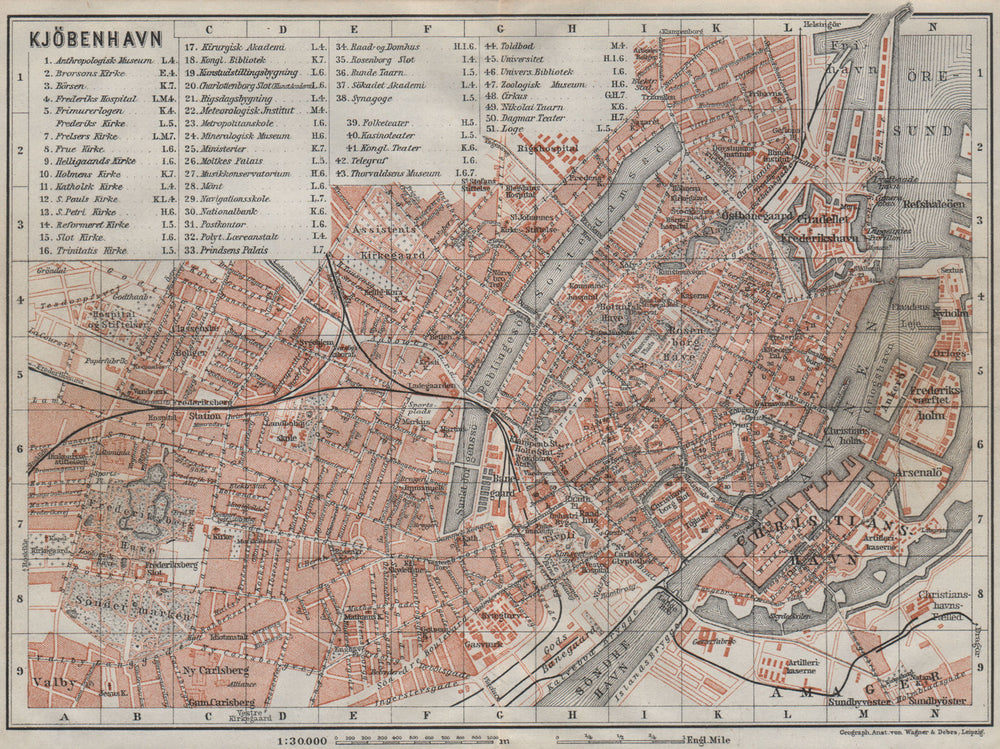 COPENHAGEN København Kobenhavn antique town city byplan. Denmark kort 1909 map