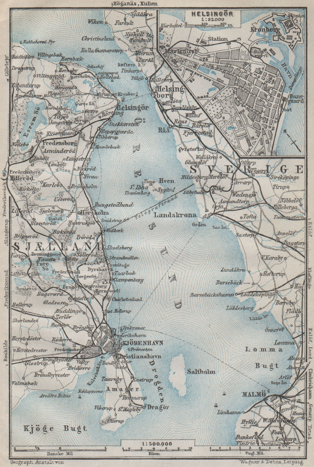 ØRESUND Oresund. Shores of The Sound. Sweden Denmark Copenhagen 1909 old map