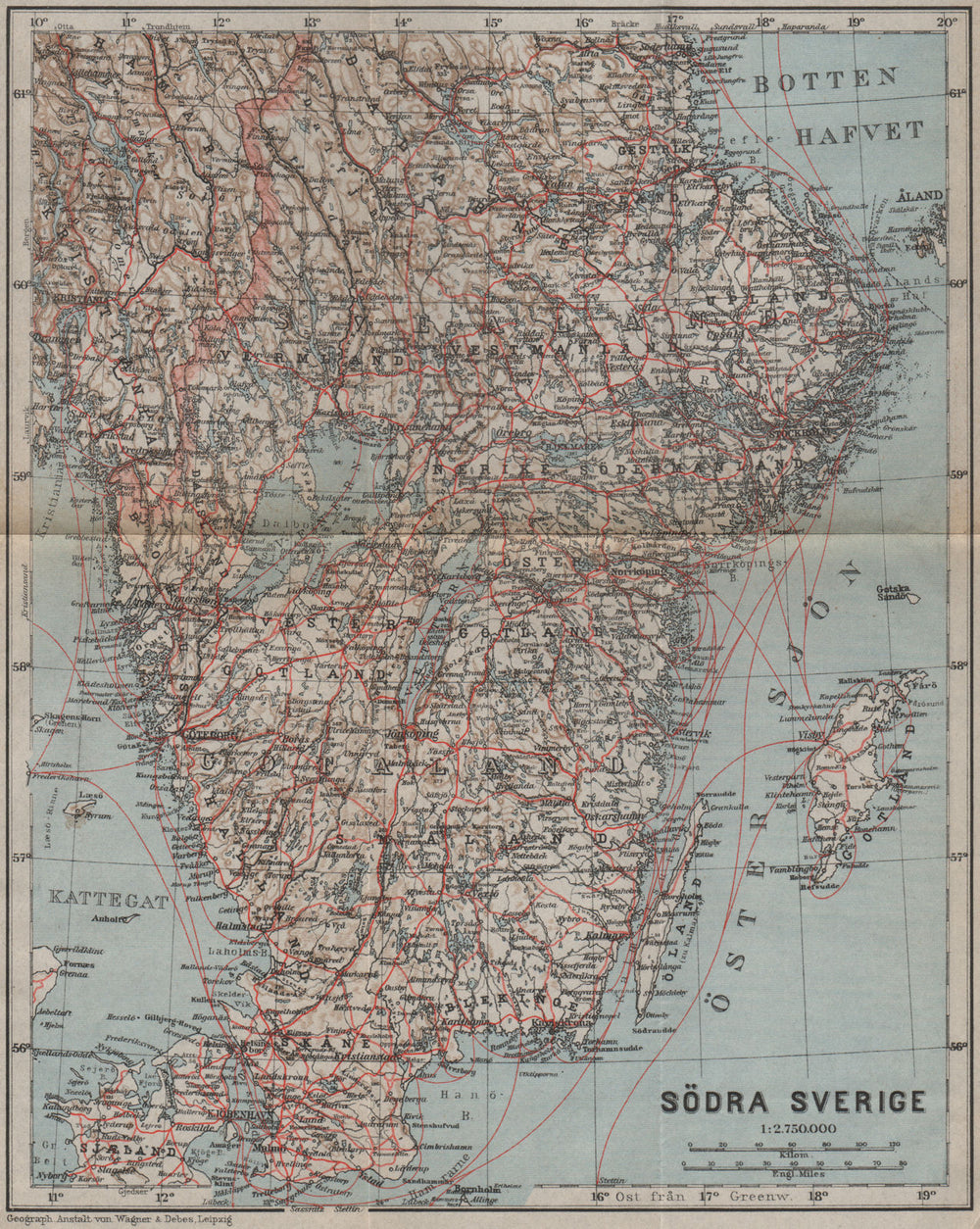 SOUTHERN SWEDEN. Södra Sverige karta. BAEDEKER 1909 old antique map plan chart