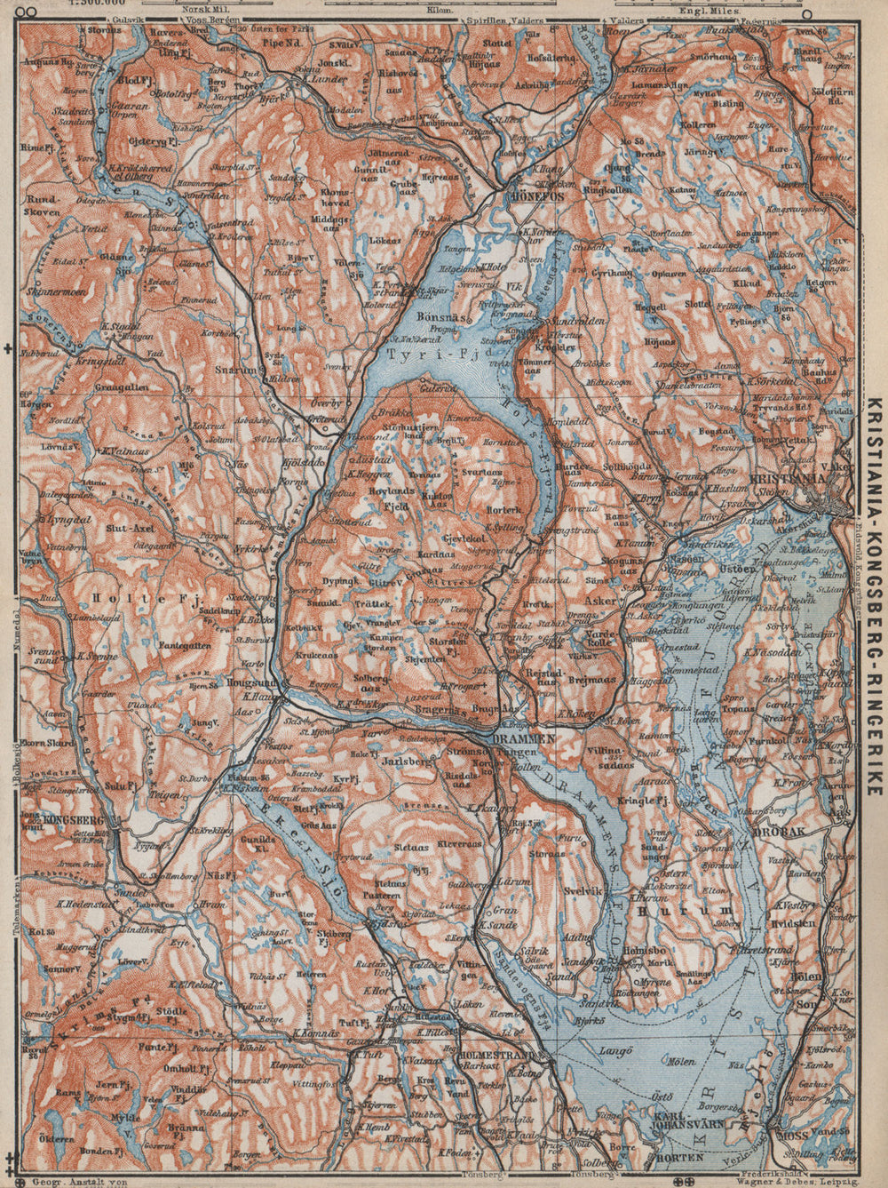 INNER OSLOFJORD. Tyrifjord Kongsberg Lake Krøderen Topo-map. Norway 1912