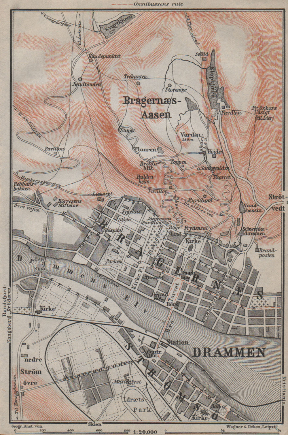 DRAMMEN antique town city byplan. Norway kart. BAEDEKER 1912 old map