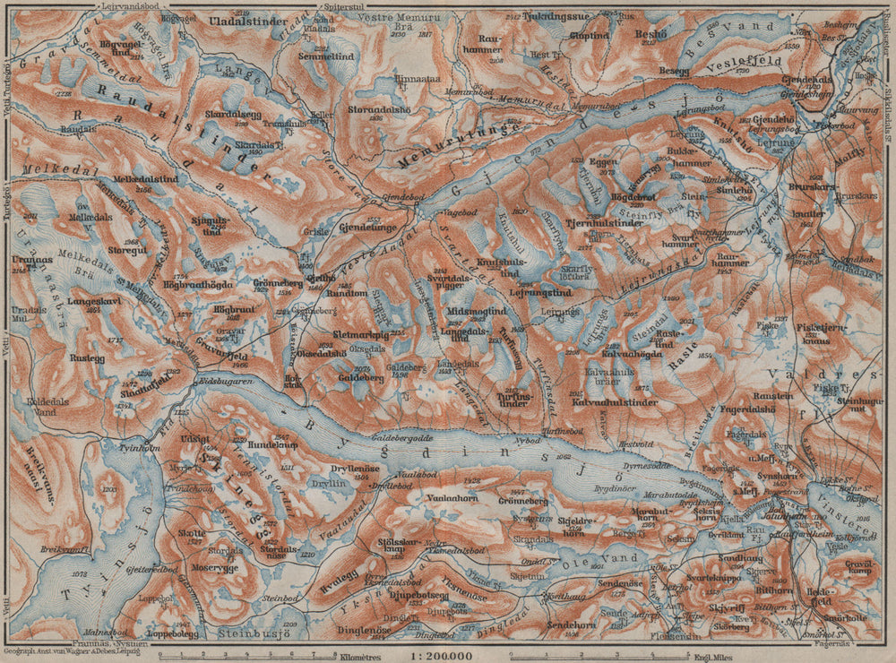 LAKES BYGDIN AND GJENDE Topo-map. Jotunheimen. Norway kart. BAEDEKER 1912