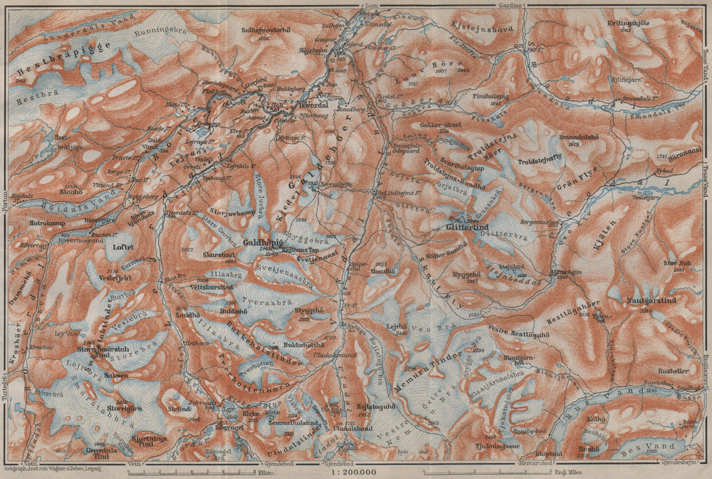 Galdhøpiggen and Glittertind mountains. Jotunheimen. Topo-map. Norway 1912