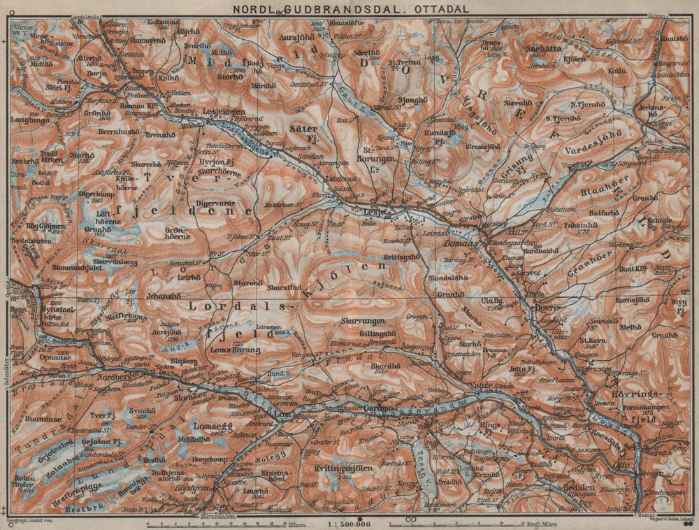 NORTH GUDBRANDSDAL, OTTADAL Nordl. Dombas Dovrefjell. Topo-map. Norway 1912