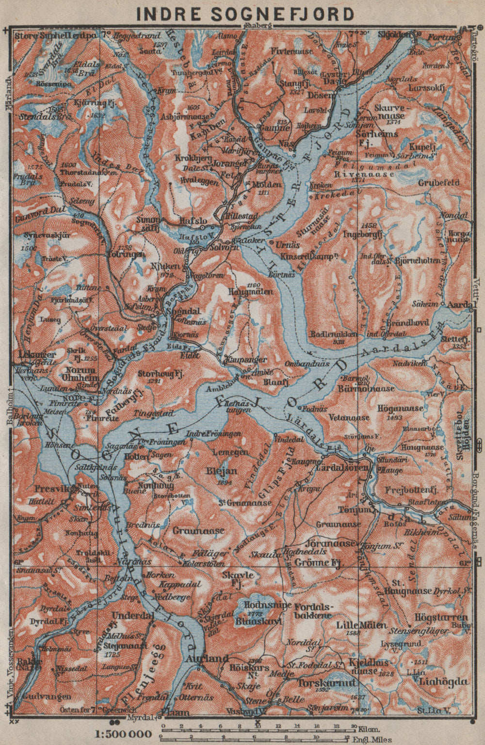 INNER SOGNEFJORD topo-map. Gaupne Luster Ardalstangen. Norway kart 1912