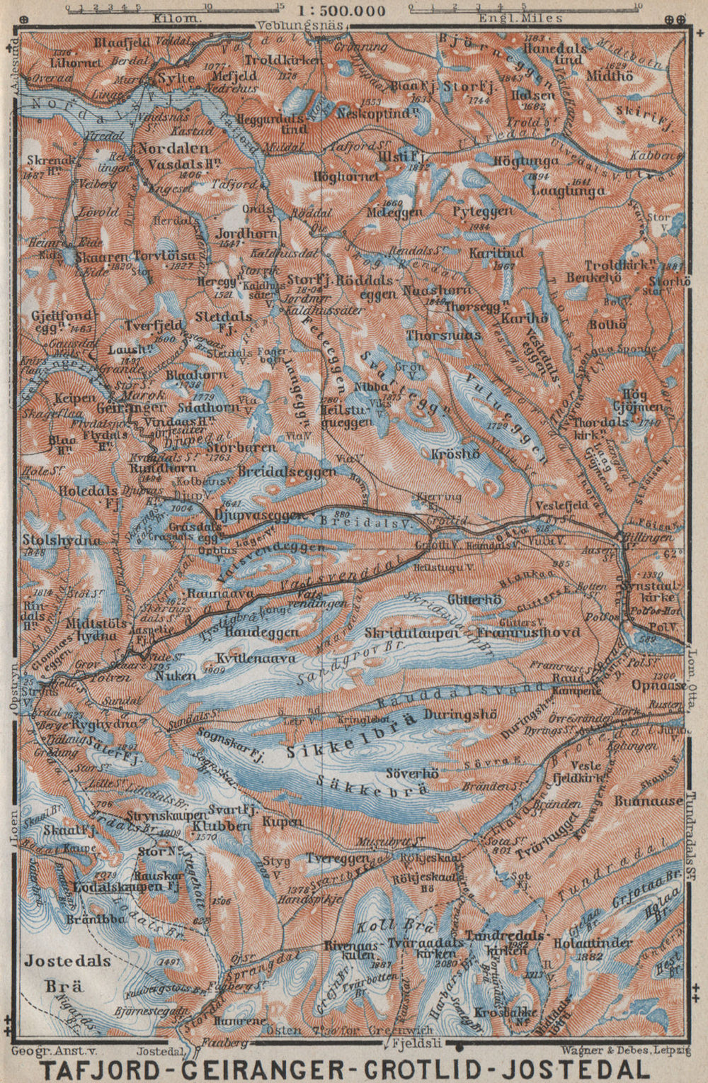 Geiranger Polfos Tafjord Jostedal Grotli Topo-map. Norway kart 1912 old
