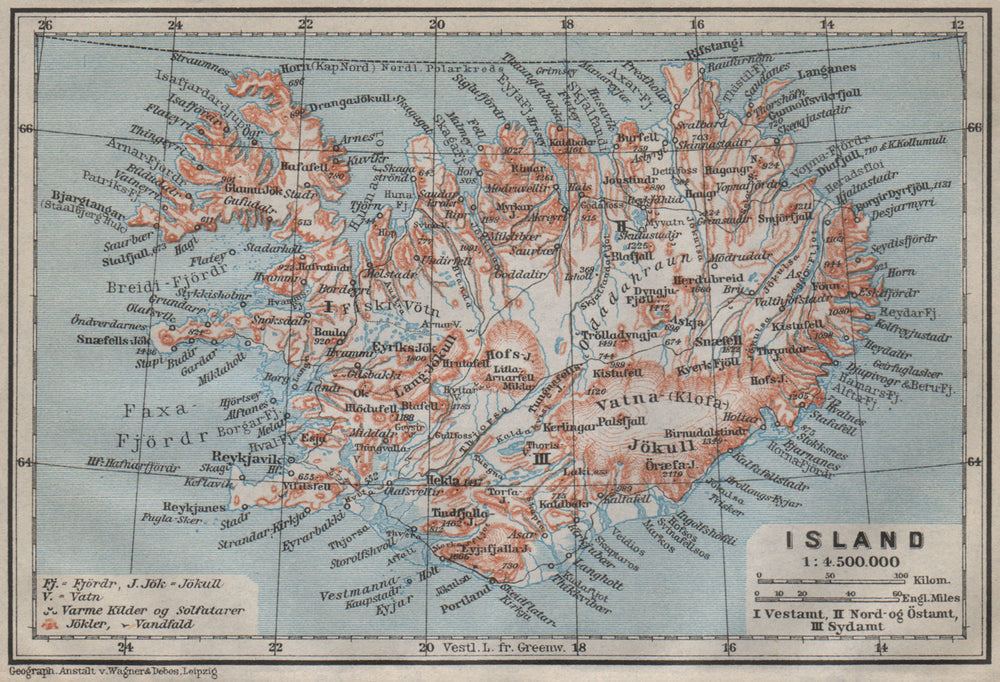 ICELAND/Island. Reykjavik. Topo-map kort. BAEDEKER 1912 old antique chart