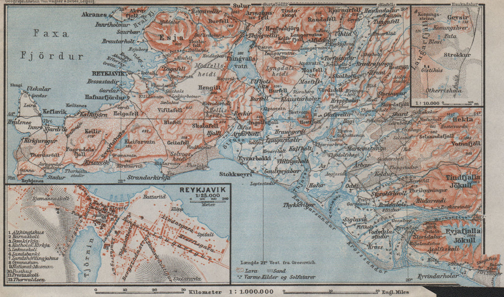 REYKJAVIK environs & antique town city plan. Iceland kort. BAEDEKER 1912 map
