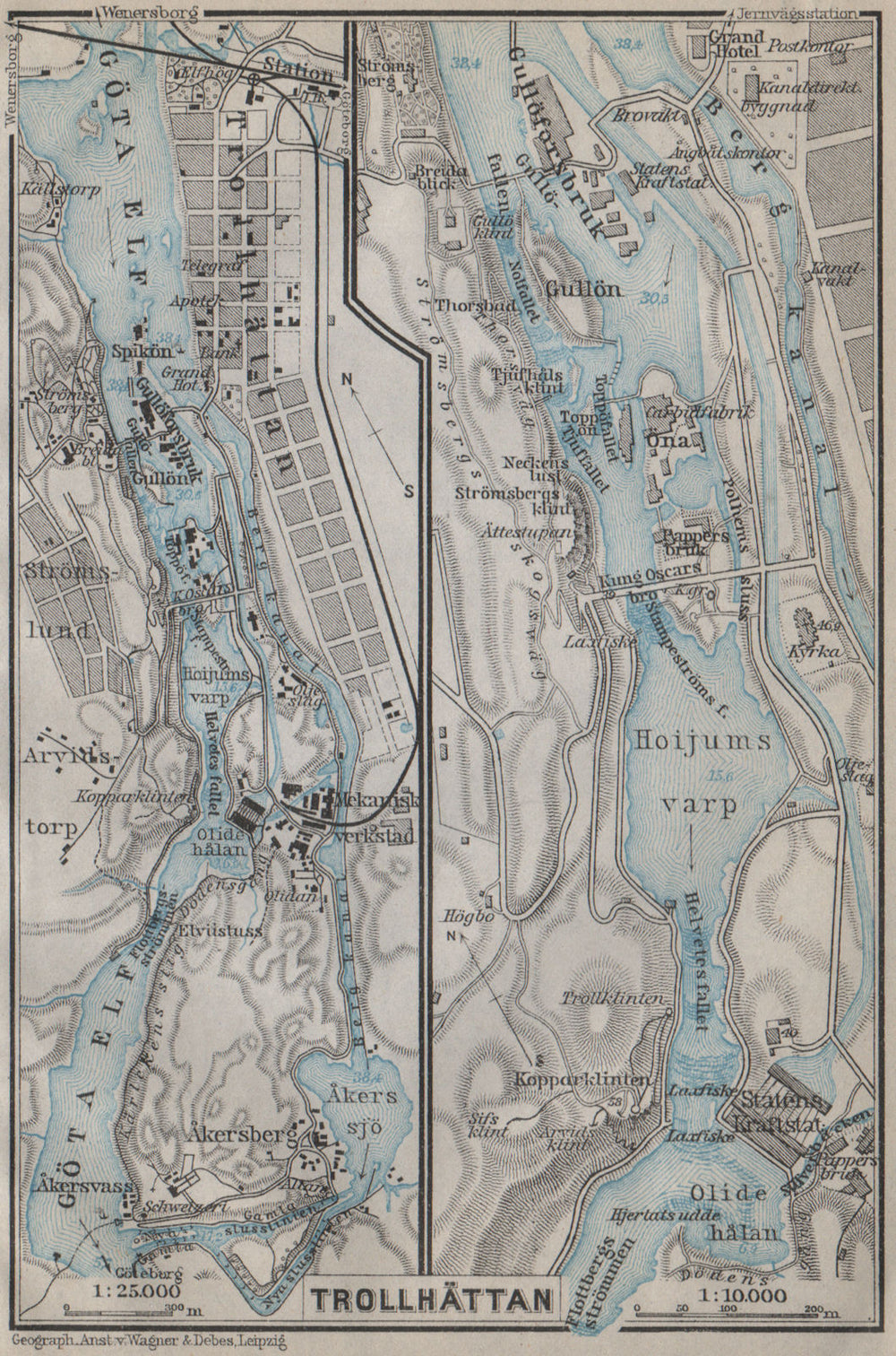 TROLLHATTAN FALLS. Trollhättan. Topo-map. Sweden karta. BAEDEKER 1912 old
