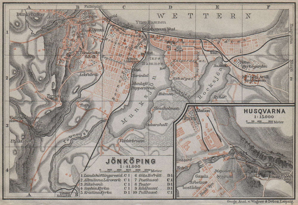 JONKOPING Jönköping town city stadsplan. Inset Huskvarna. Sweden karta 1912 map