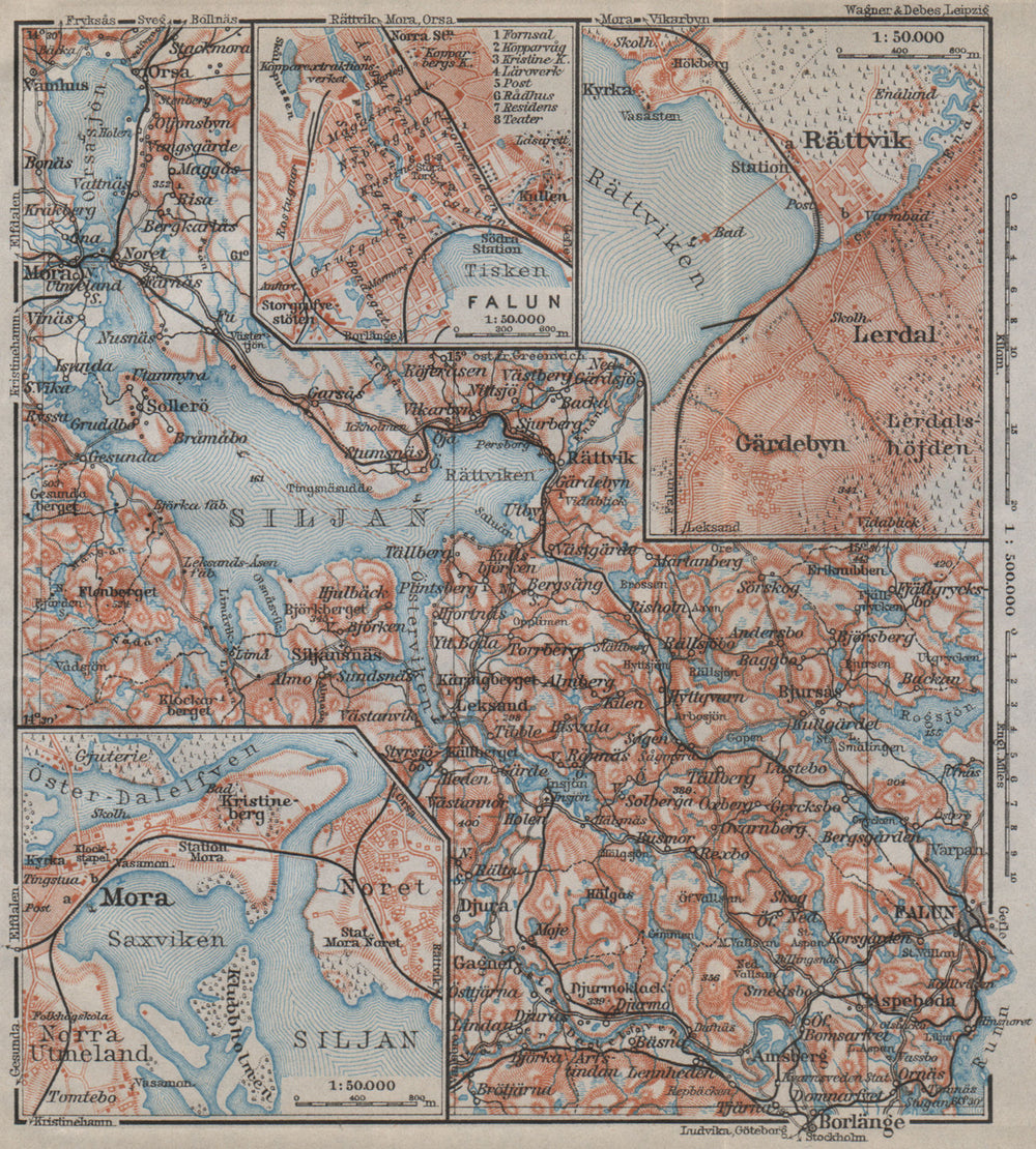 LAKE SILJAN REGION. Rättvik Falun Mora town plans. Sweden karta 1912 old map