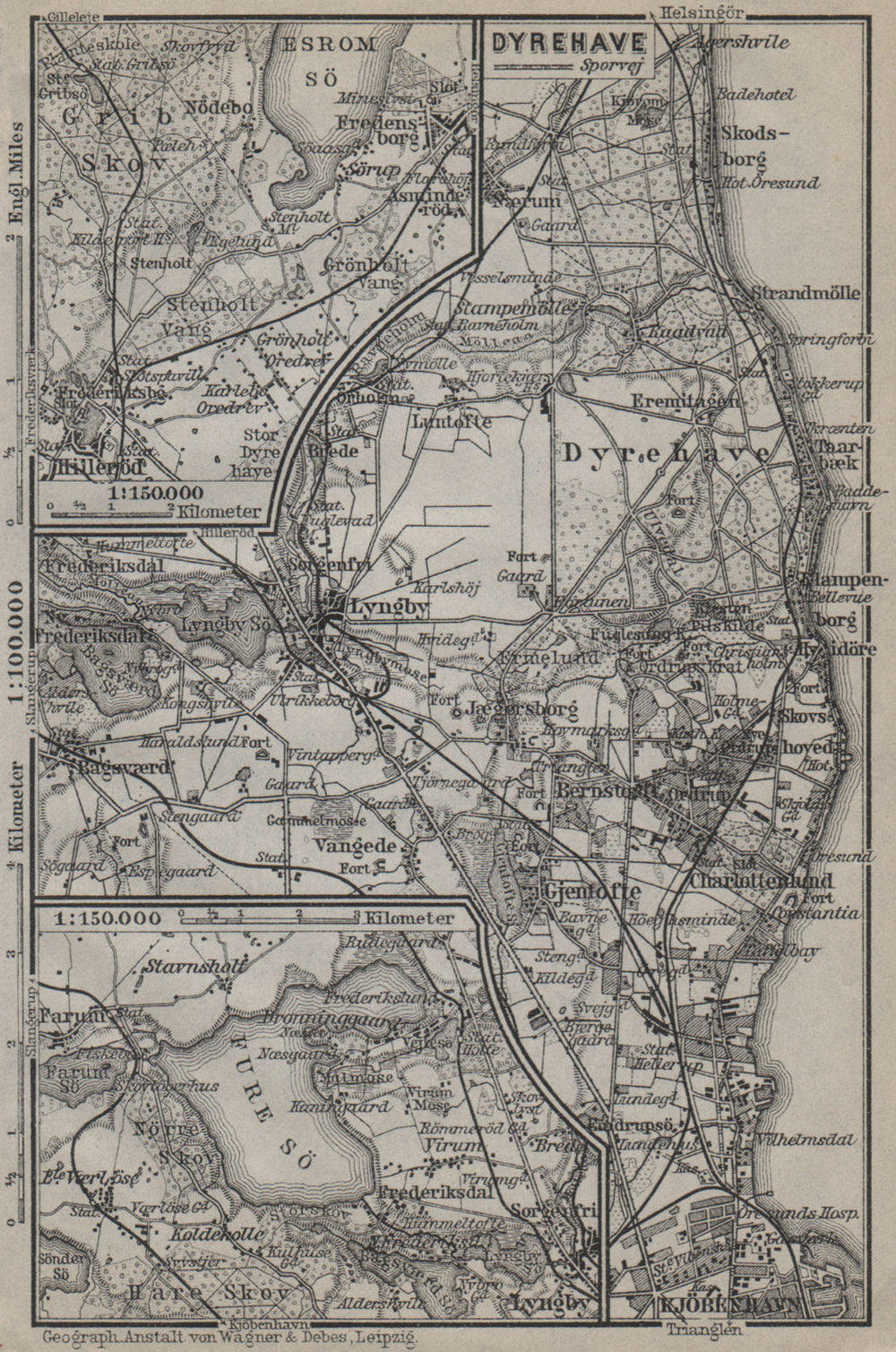 COPENHAGEN NORTHERN ENVIRONS. København Lyngby Gentofte Hillerod kort 1912 map
