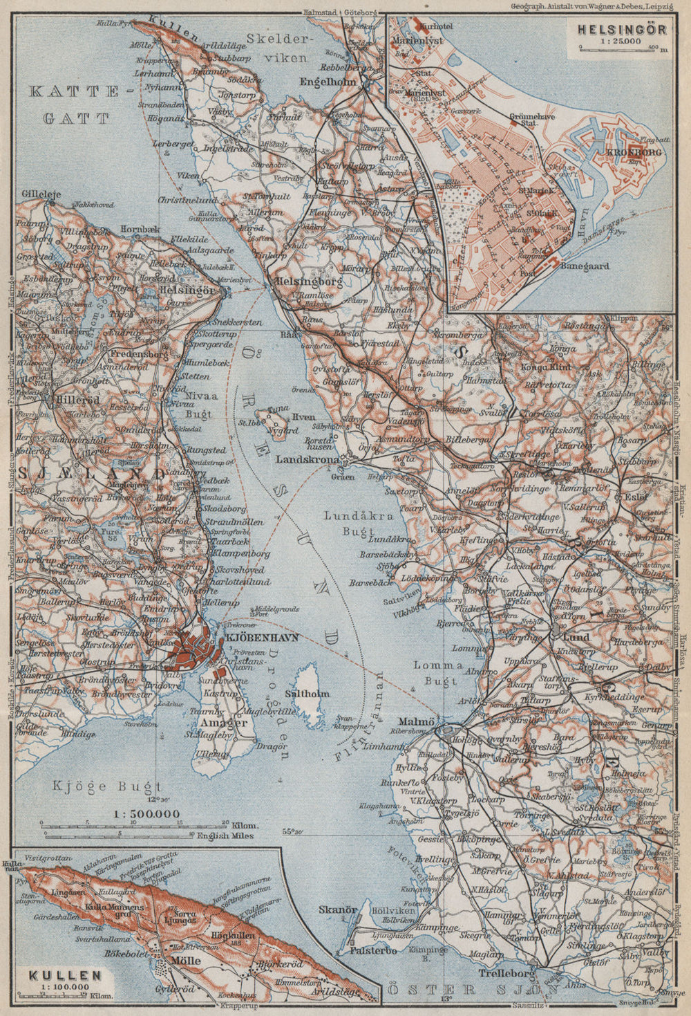 ØRESUND Oresund. Shores of The Sound. Hensingor Kullen. Sweden Denmark 1912 map