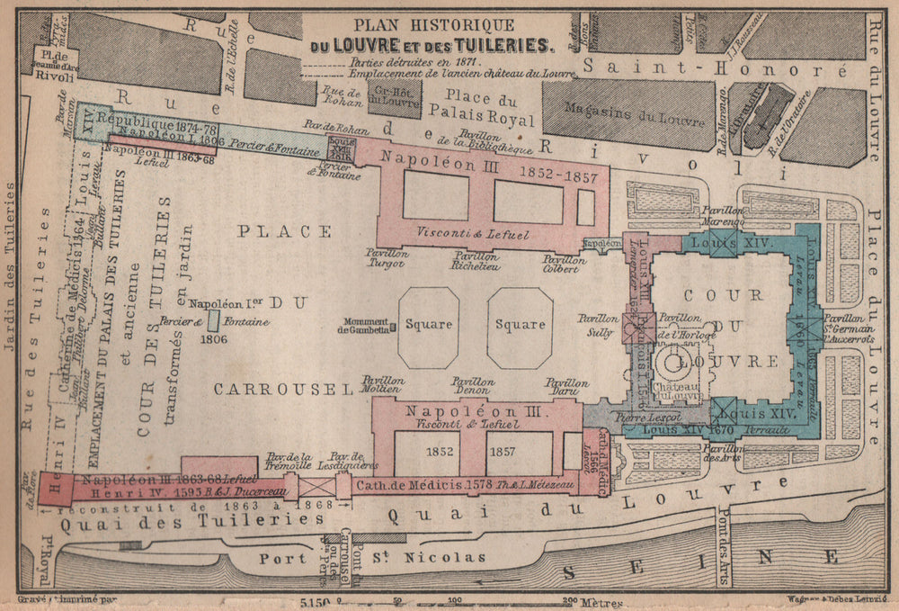 LOUVRE & TUILERIES. Plan historique. Historic development. Paris 1er 1898 map
