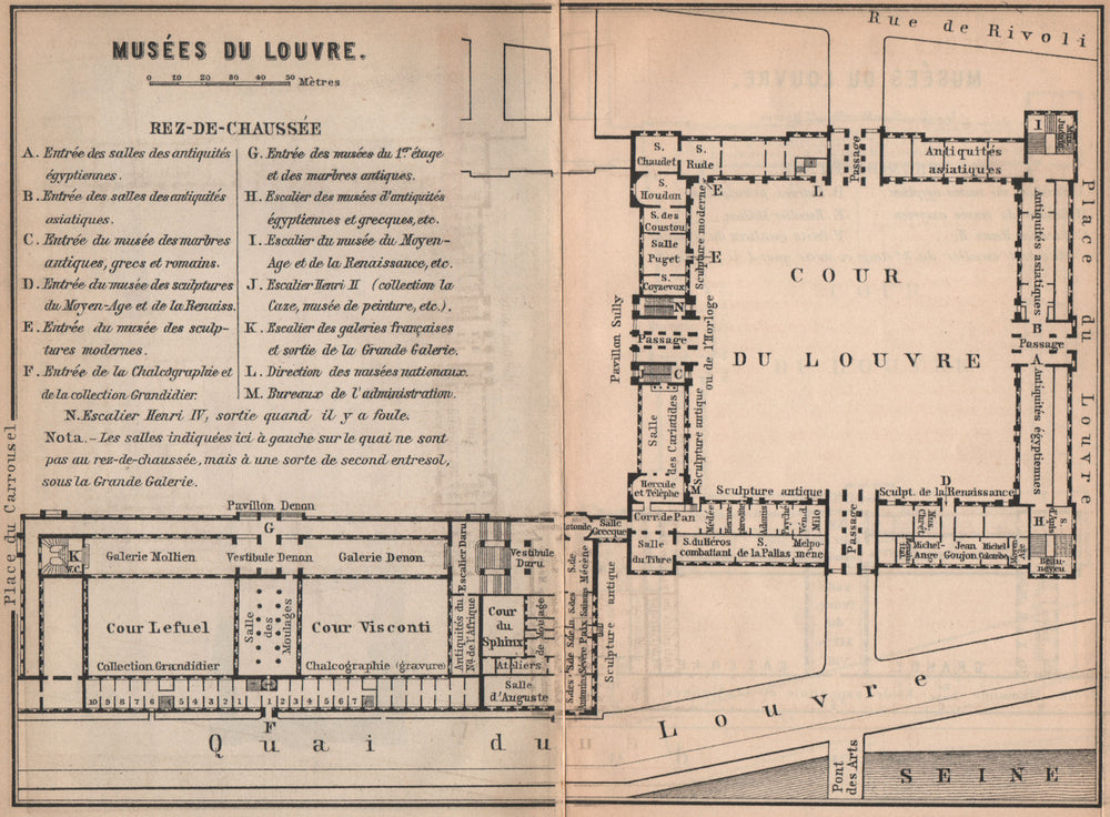 MUSÉES DU LOUVRE; REZ-DE-CHAUSSÉE ground floor plan. Paris carte 1898 old map