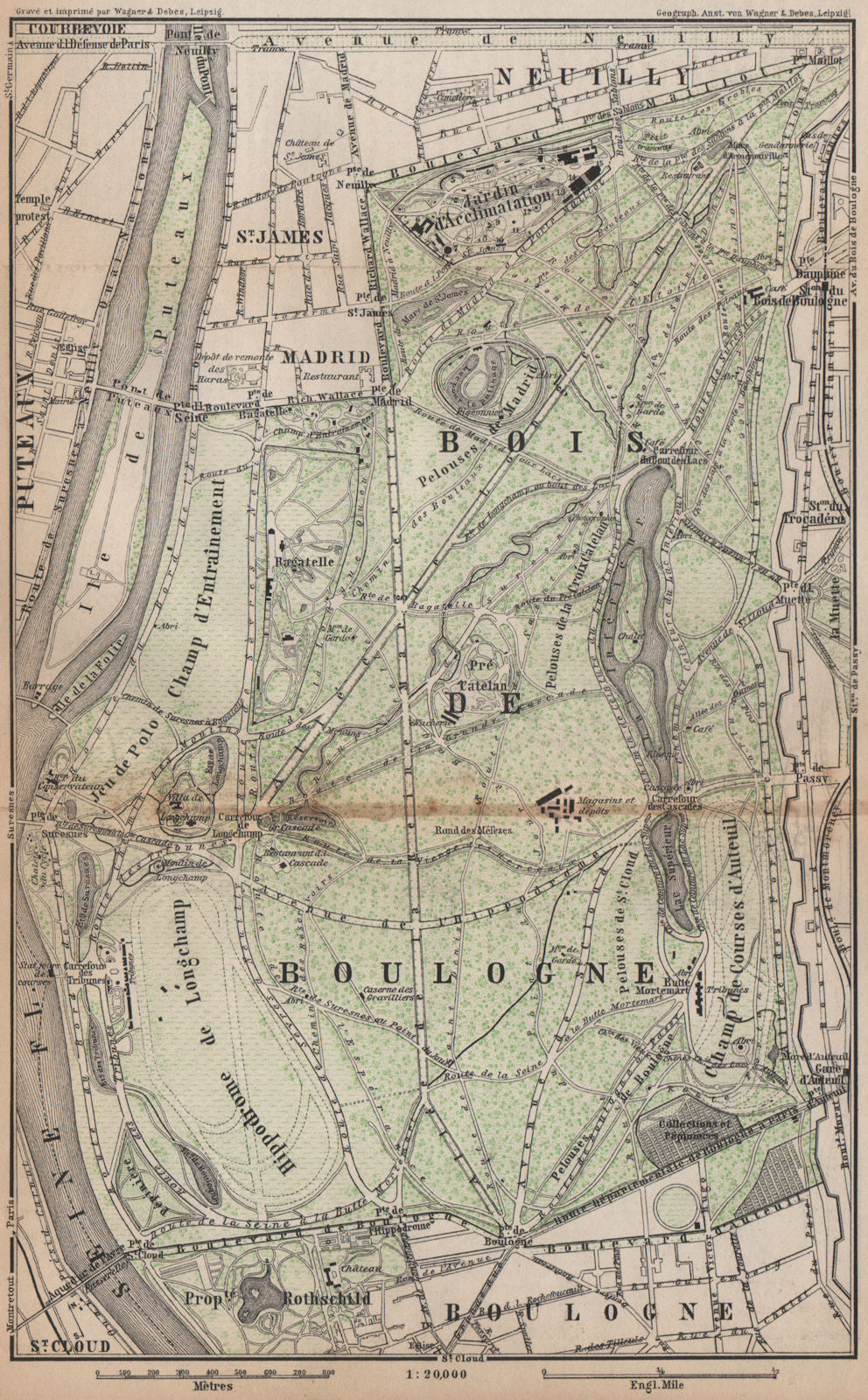 BOIS DE BOULOGNE plan. Paris Neuilly Longchamp Jardin d'Acclimatation 1898 map