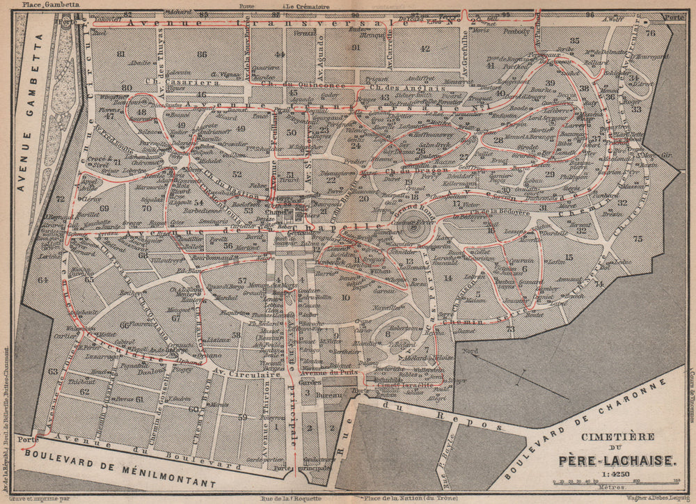 CEMETERY / CIMETIÈRE DU PÈRE-LACHAISE ground plan. Paris 20e carte 1898 map