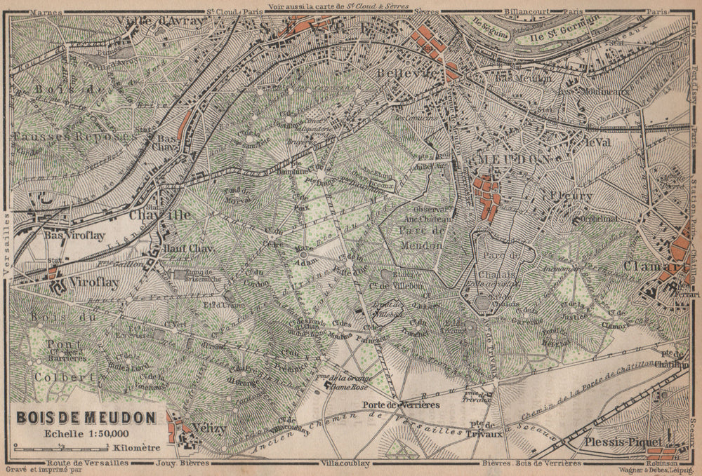 BOIS DE MEUDON environs. Sèvres Clamart. Hauts-de-Seine carte 1898 old map