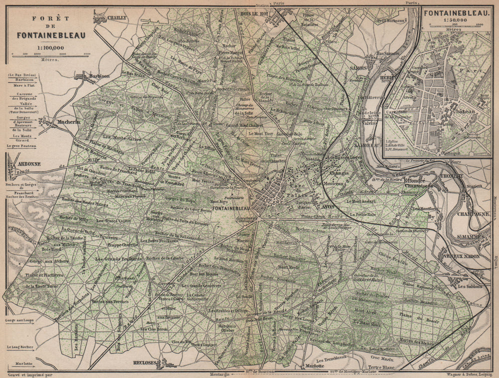 FORÊT DE FONTAINEBLEAU & town plan. Topo-map. Seine-et-Marne carte 1898