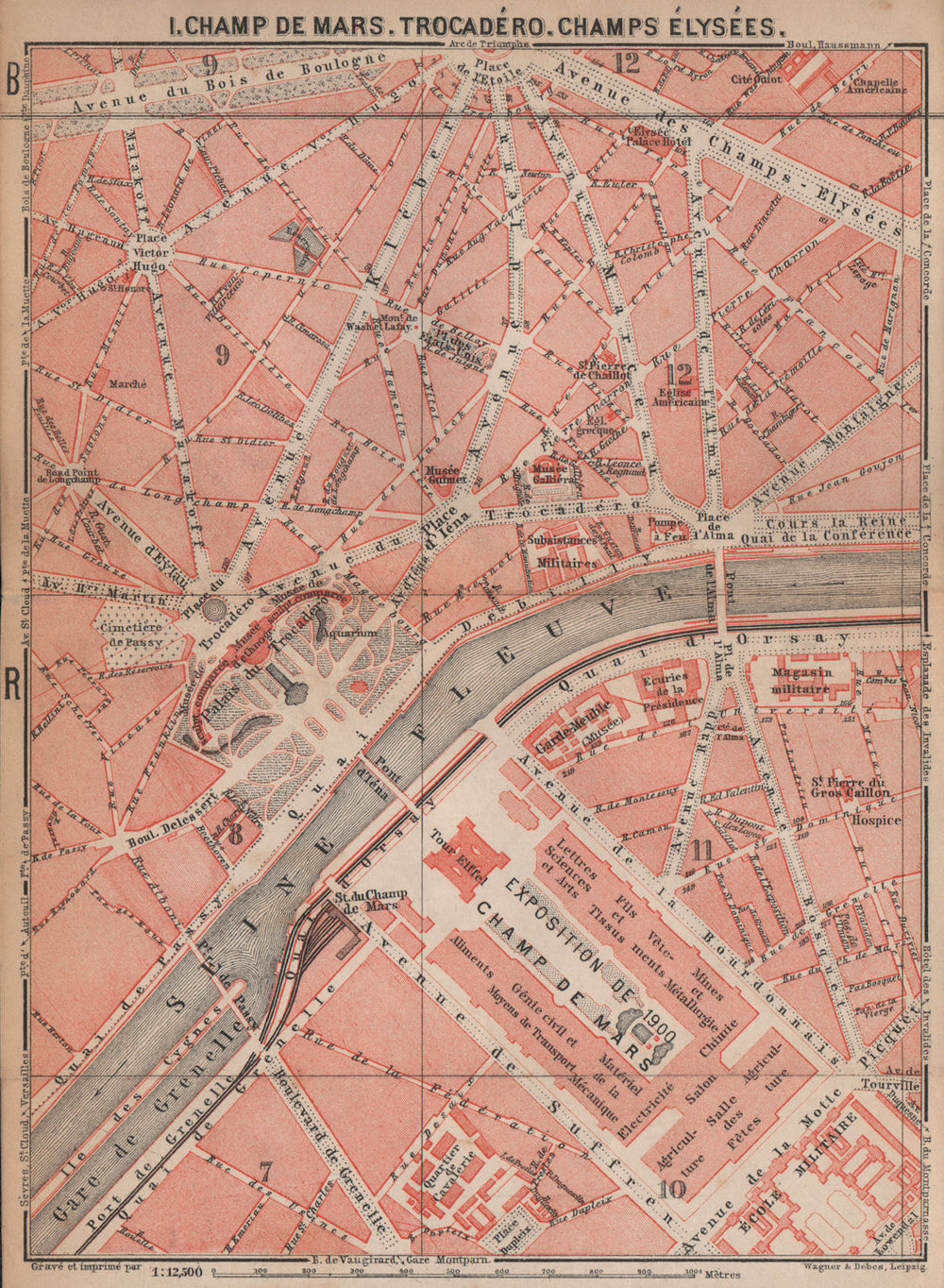 CHAMP DE MARS TROCADÉRO CHAMPS ÉLYSÉES town city plan. Paris 7e 8e 16e 1898 map