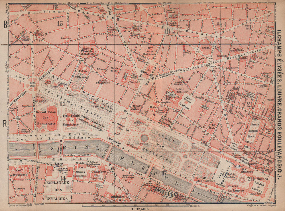 CHAMPS ÉLYSÉES LOUVRE GRANDS BOULEVARDS city plan Paris 1e 2e 7e 8e 9e 1898 map