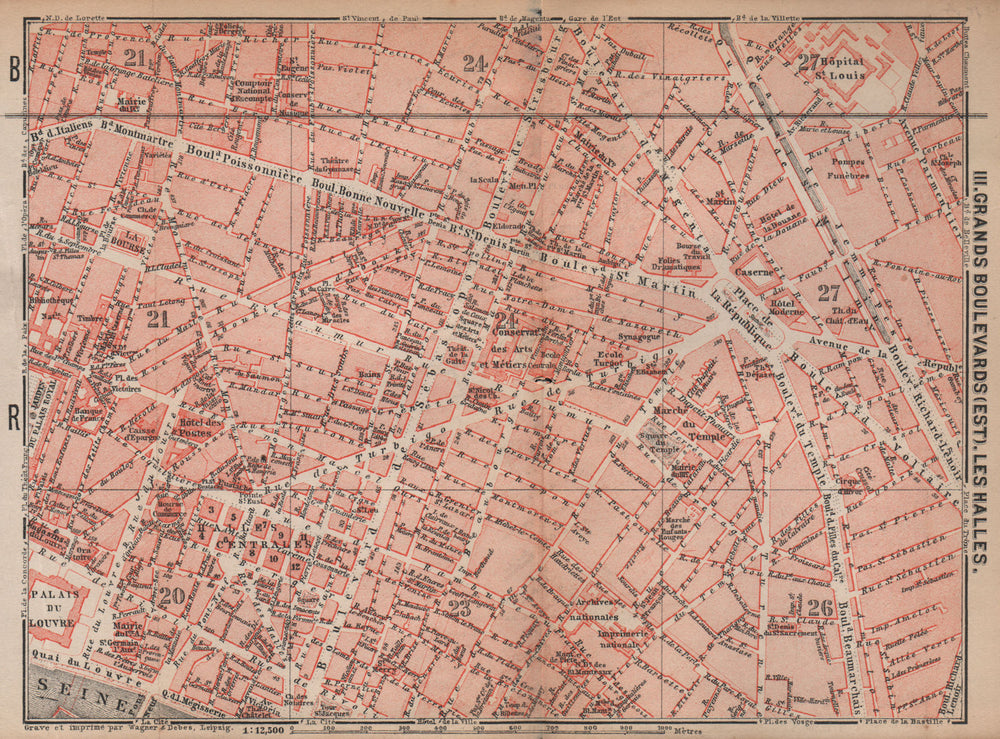 GRANDS BOULEVARDS LES HALLES MARAIS town city plan. Paris 1e 2e 3e 10e 1898 map