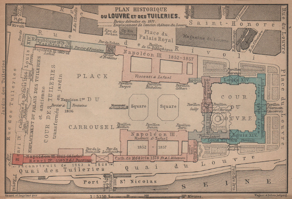 LOUVRE & TUILERIES. Plan historique. Historic development. Paris 1er 1900 map