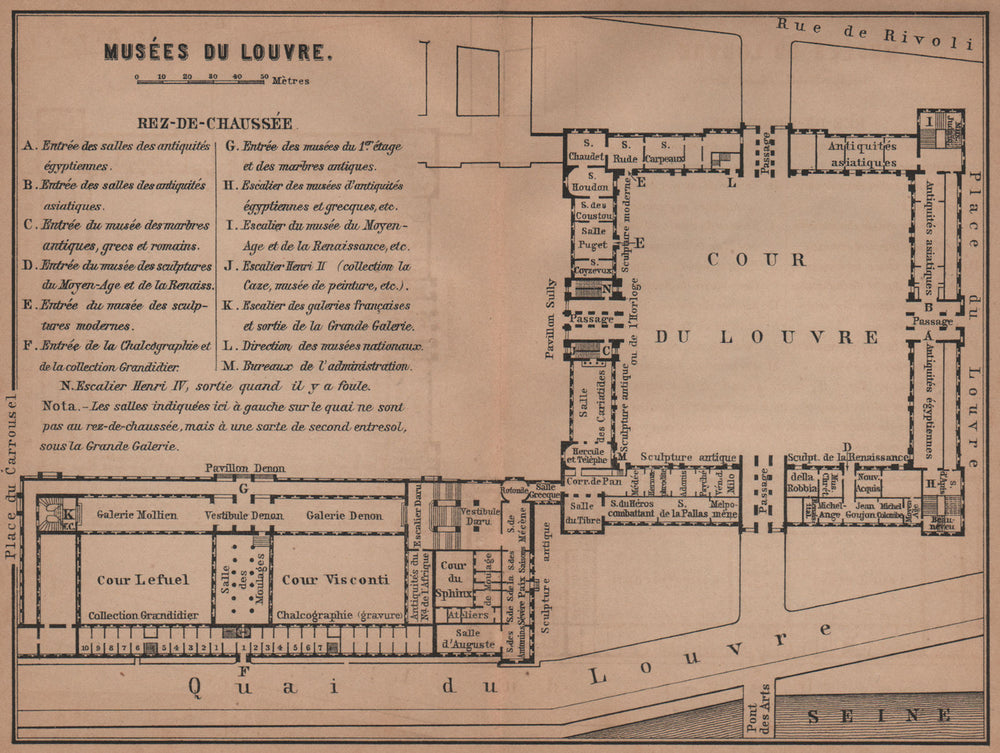 MUSÉES DU LOUVRE; REZ-DE-CHAUSSÉE ground floor plan. Paris carte 1900 old map