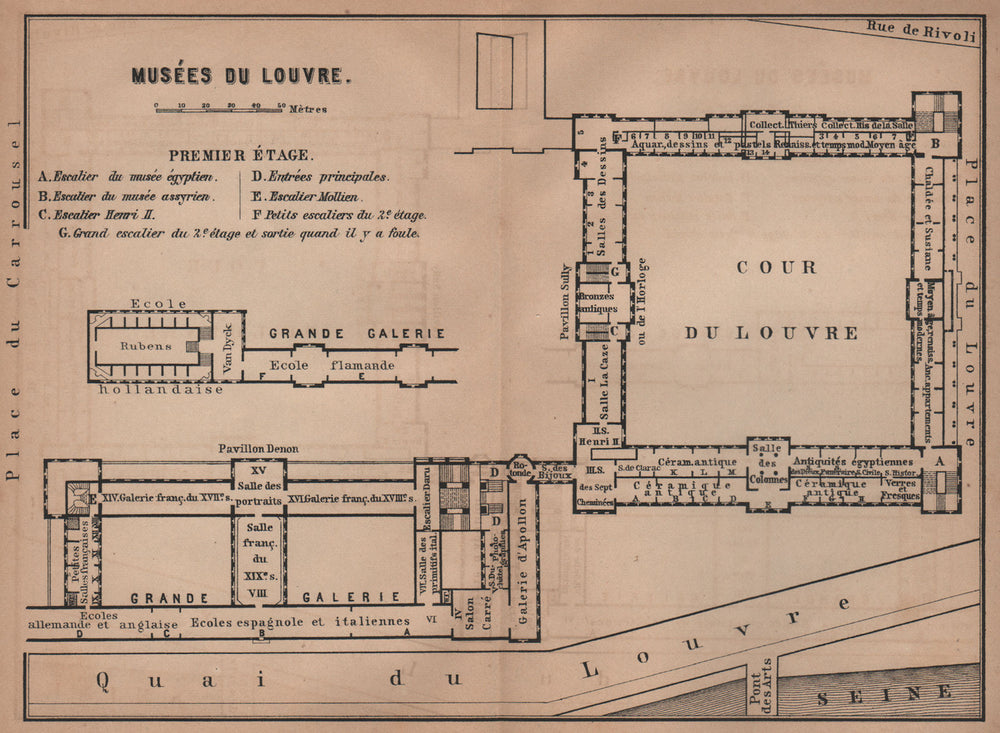 MUSÉES DU LOUVRE; PREMIER ÉTAGE First floor plan. Paris carte 1900 old map