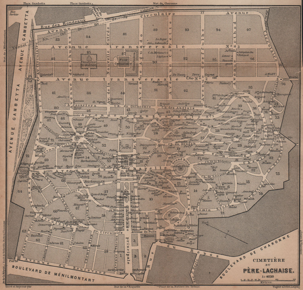 CEMETERY / CIMETIÈRE DU PÈRE-LACHAISE ground plan. Paris 20e carte 1900 map