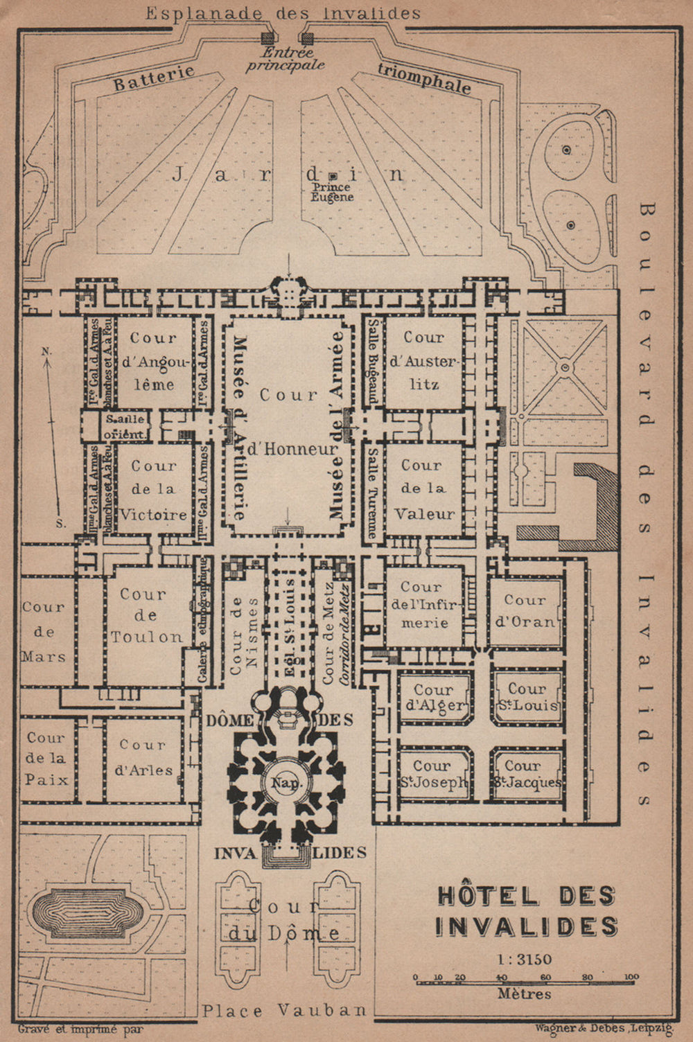 HÔTEL DES INVALIDES floor plan. Paris 7e carte. BAEDEKER 1900 old antique map