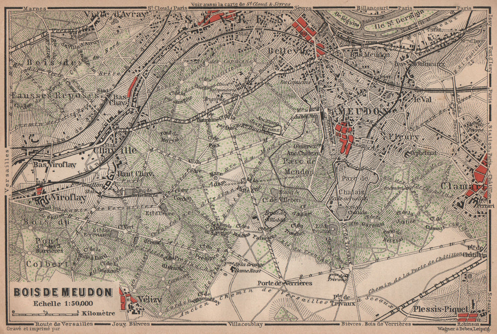 BOIS DE MEUDON environs. Sèvres Clamart. Hauts-de-Seine carte 1900 old map