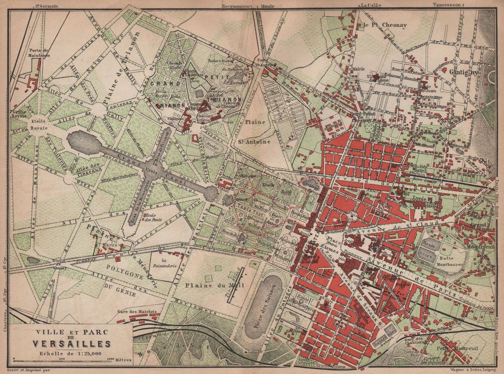 VERSAILLES. Château, ville & parc plan. Yvelines carte. BAEDEKER 1900 old map