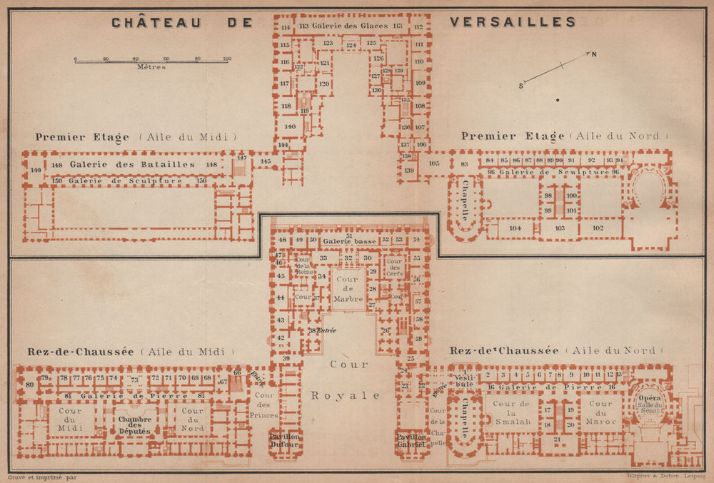 CHÂTEAU DE VERSAILLES; PREMIER ETAGE & REZ-DE-CHAUSSÉE floor plans 1900 map