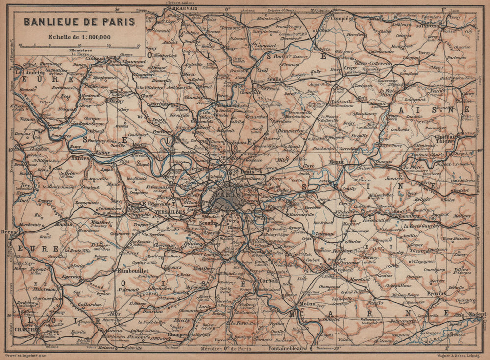 ÎLE-DE-FRANCE. Paris environs. Seine Oise Eure Loir Aisne carte 1900 old map