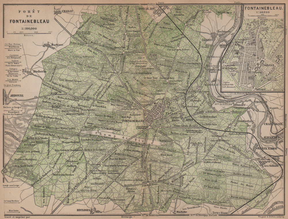 FORÊT DE FONTAINEBLEAU & town plan. Topo-map. Seine-et-Marne carte 1900