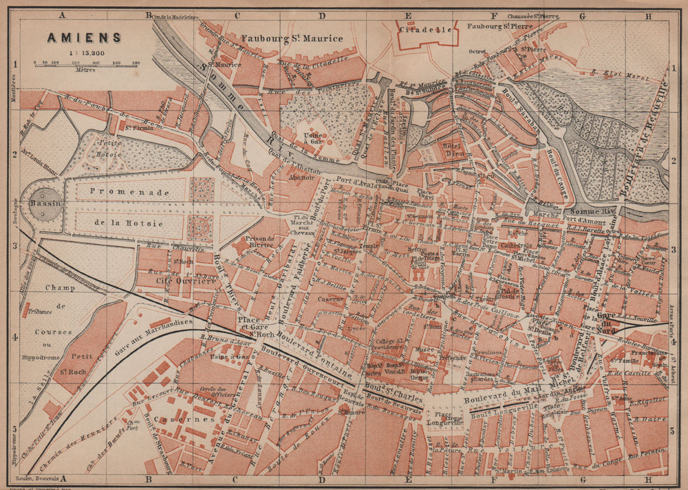 AMIENS antique town city plan de la ville. Somme carte. BAEDEKER 1900 old map